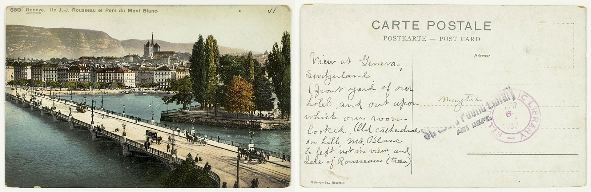 Geneve. Ile J.-J. Rousseau at Pont du Mont Blanc